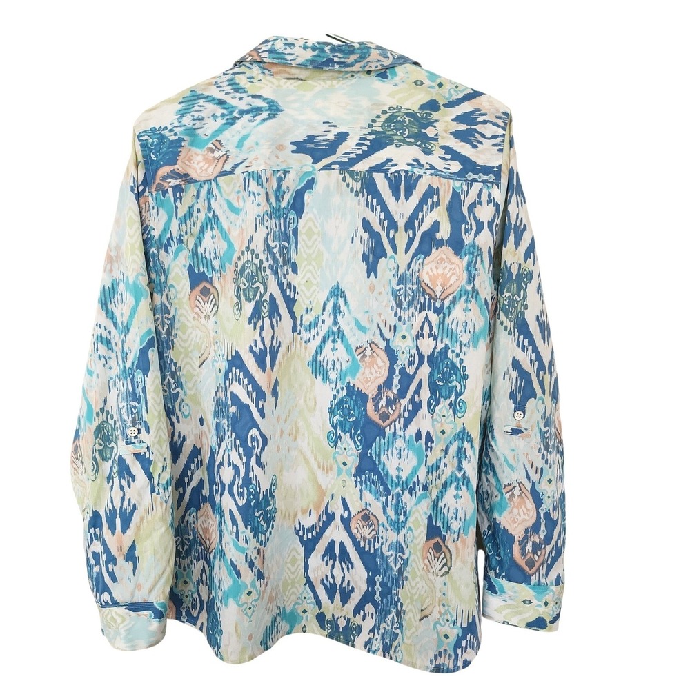 Chicos No Iron Ikat Print Button Front Roll Tab Shirt 3 Resort Vacation Coastal - Picture 3 of 6